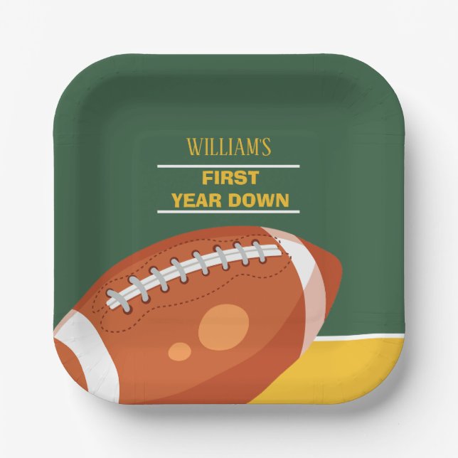 Retro Football First Year Down Birthday Paper Plate (Front)