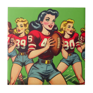 Retro Football Girls Comics Ceramic Tile