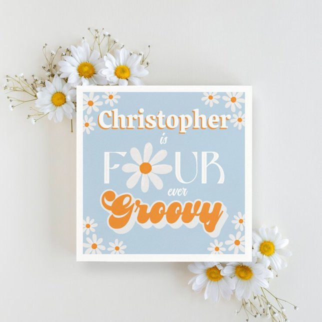 Retro Four Ever Groovy Boys 4th Birthday Napkin (Creator Uploaded)