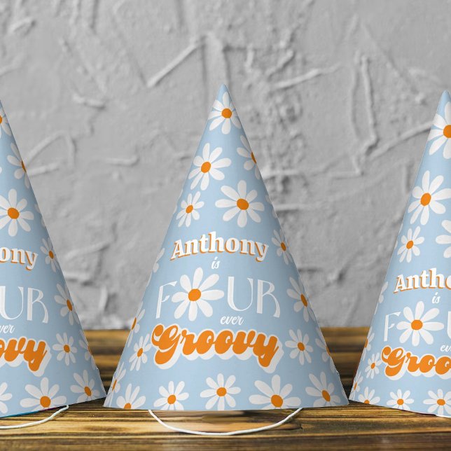 Retro Four Ever Groovy Boys 4th Birthday Party Hat (Creator Uploaded)