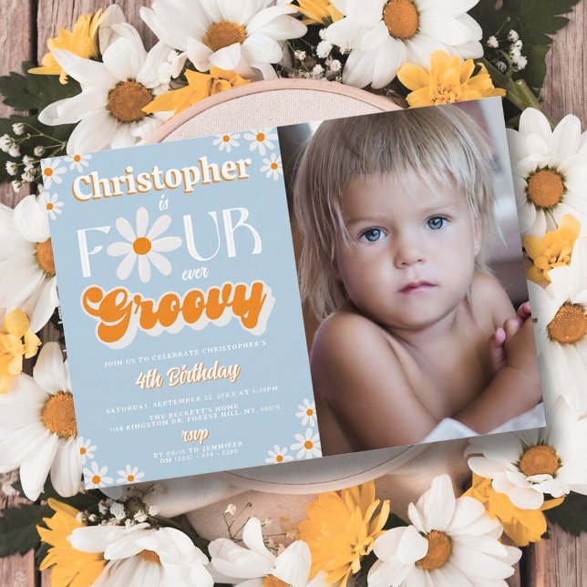 Retro Four Ever Groovy Boys 4th Birthday Photo Invitation (Creator Uploaded)
