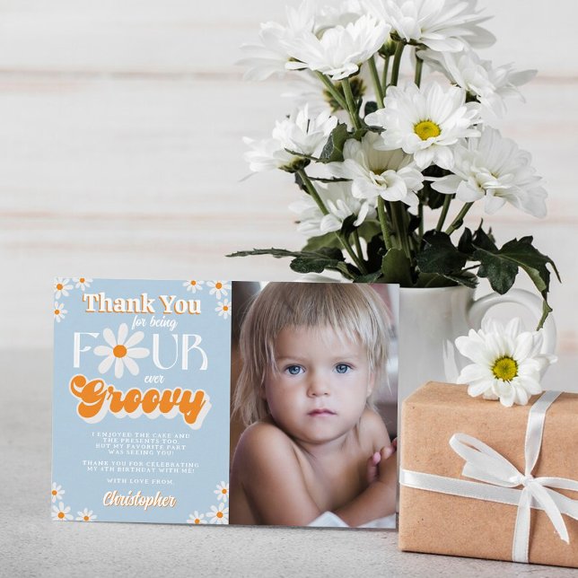 Retro Four Ever Groovy Boys 4th Birthday Photo Thank You Card (Creator Uploaded)