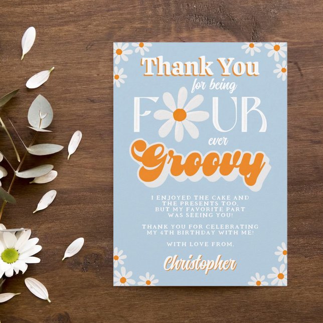 Retro Four Ever Groovy Boys 4th Birthday Thank You Card (Creator Uploaded)