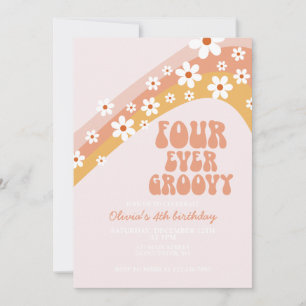 Retro Four Ever Groovy daisy boho 4th birthday Invitation