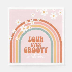 Retro Four Ever Groovy daisy rainbow 4th birthday  Napkin
