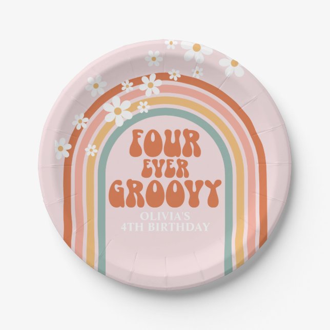 Retro Four Ever Groovy daisy rainbow 4th birthday Paper Plate (Front)