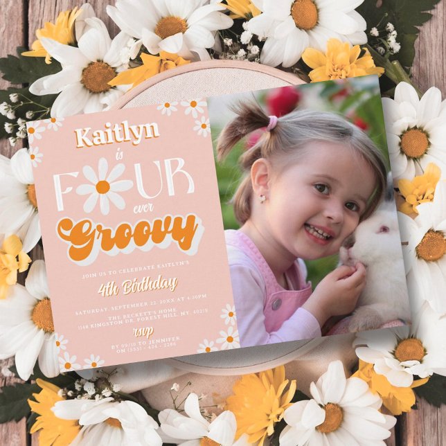 Retro Four Ever Groovy Girls 4th Birthday Photo Invitation (Creator Uploaded)