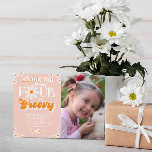 Retro Four Ever Groovy Girls 4th Birthday Photo Thank You Card