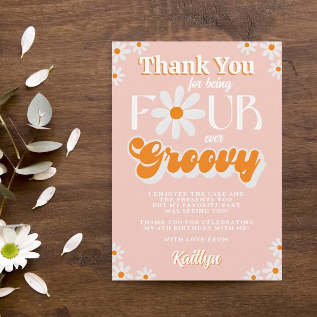 Retro Four Ever Groovy Girls 4th Birthday Thank You Card (Creator Uploaded)