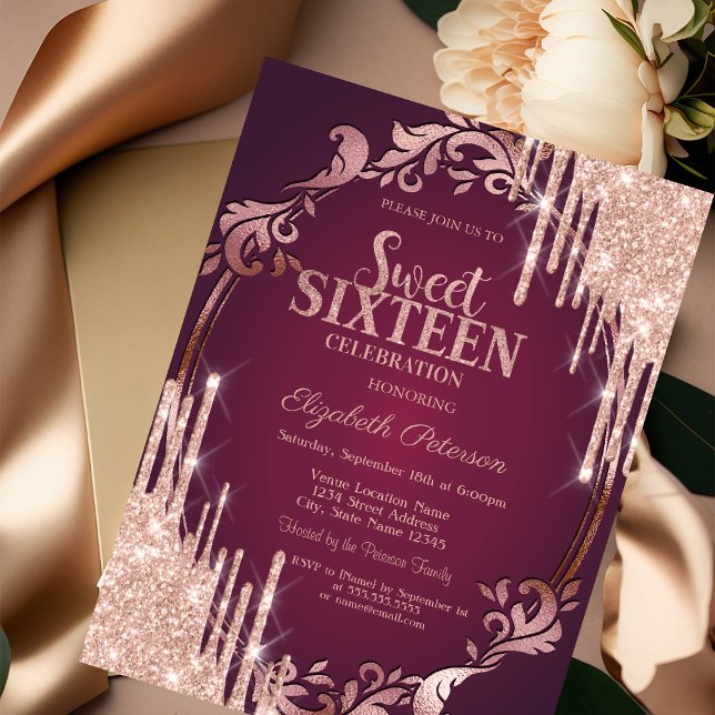 Retro Frame Rose Gold Glitter Drips Burgundy  Invitation (Creator Uploaded)