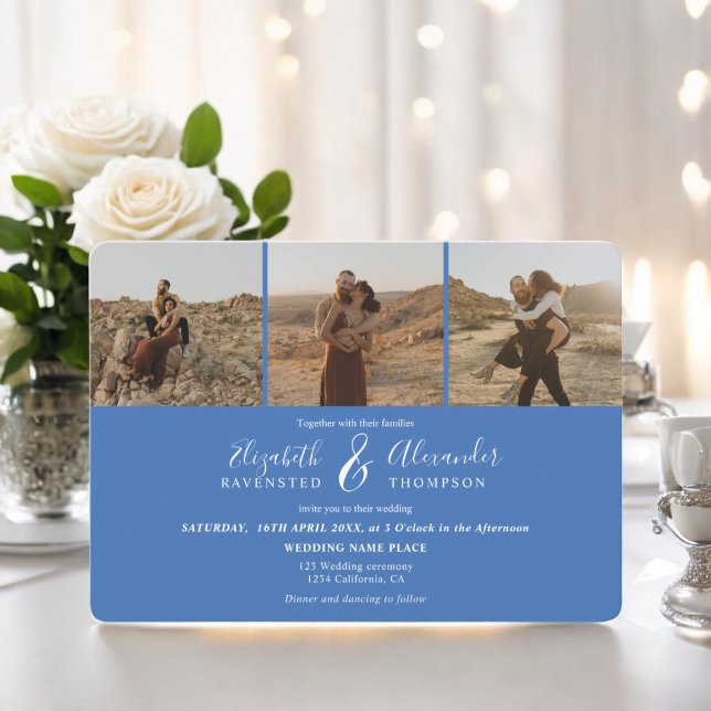 Retro french blue Elegant 4 Photos script wedding Invitation (Retro french blue Elegant 4 Photos script wedding Invitation)