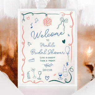 Retro french hand drawn illustrated bridal shower poster