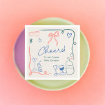 Retro french handdrawn illustrated bridal shower napkin<br><div class="desc">Add a touch of vintage charm to your bridal shower table setting with our Retro french pink, green, blue and beige Napkins! These delightful napkins feature a whimsical design inspired by retro elements such as cake, wine, glasses, hearts and pretty ribbon bow. With a playful squiggly wavy ribbon framing the...</div>