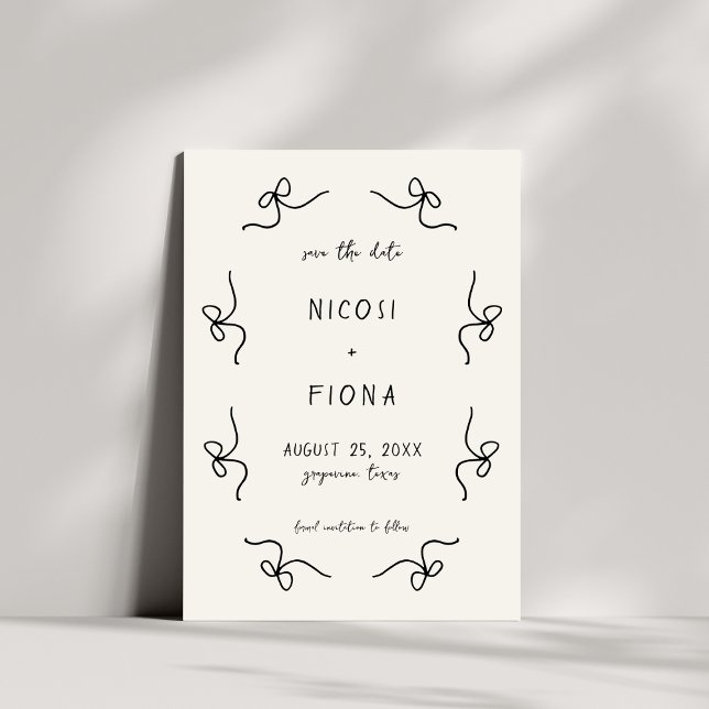 Retro French Playful Bow Frame Wedding Hand Drawn Save The Date (Creator Uploaded)