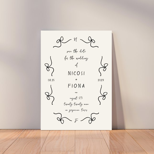 Retro French Playful Bow Frame Wedding Handwriting Save The Date (Creator Uploaded)