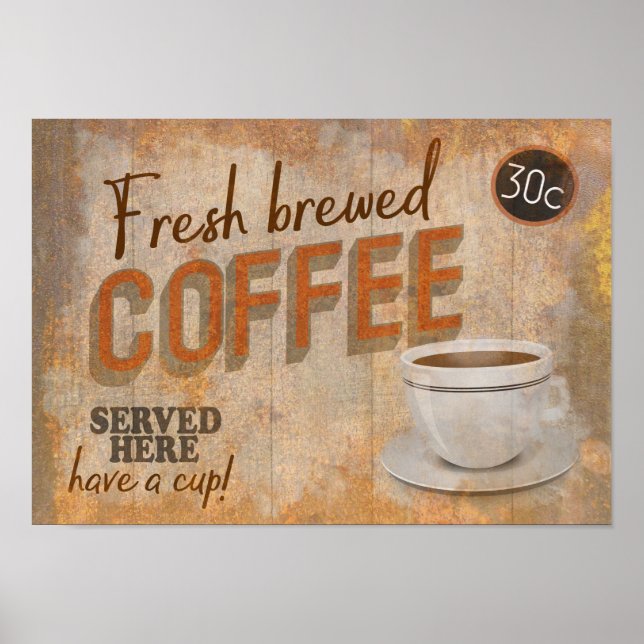 Retro Fresh Brewed Coffee Rusty Poster (Front)