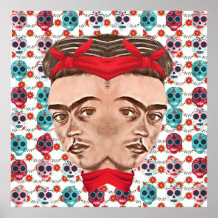 Retro Frida Kahlo Surreal Sugar Skull Pattern  Poster