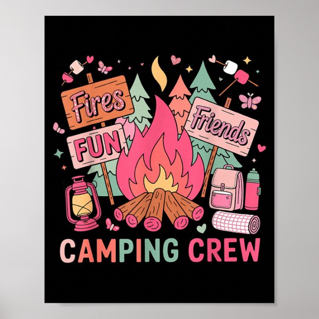 Retro Friends Fires Fun Campfire Pink Camping Crew Poster (Front)