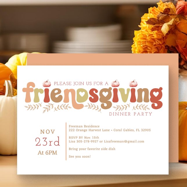 Retro Friendsgiving Dinner Party Invitation (Pumpkin Friendsgiving Typography)