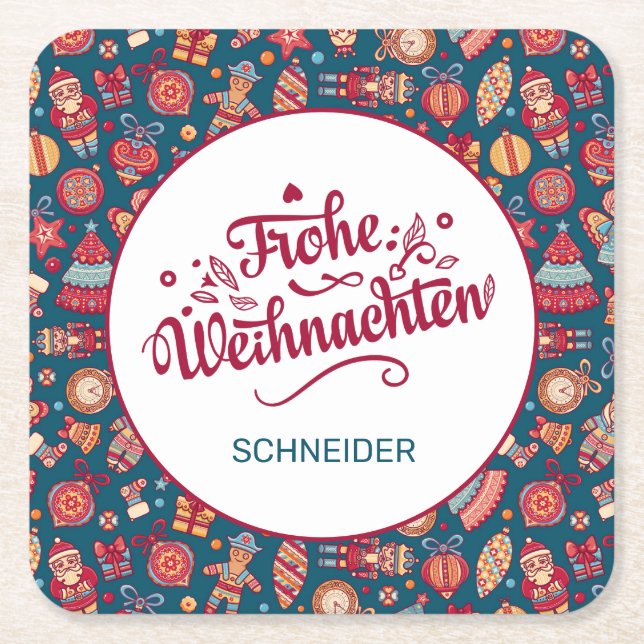 Retro Frohe Weihnachten Personalised Square Paper Coaster (Front)