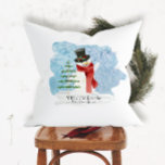 Retro Frosty Snowman Winter Christmas Watercolor Cushion<br><div class="desc">Frosty the Snowman in a simple, retro style is perfect for a winter modern farmhouse Christmas. Frosty the snowman was painted in watercolor for a classic retro design style with a Christmas tree and his elegant top hat and winter scarf of red. Perfect for a cottage, country chic winter season...</div>