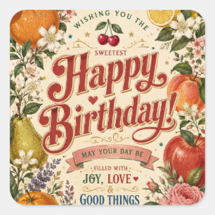 Retro Fruit Birthday ,Colourful Floral Greeting Square Sticker