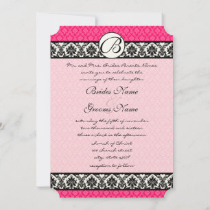 Retro Fuchsia Pink & Black Damask Wedding Invitation