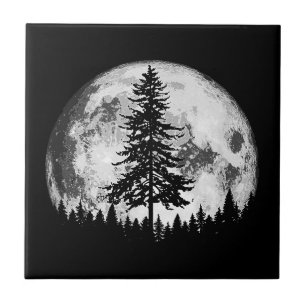 Retro Full Moon & Minimalist Pine Tree Vintage Gra Ceramic Tile