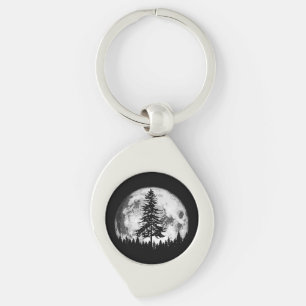Retro Full Moon & Minimalist Pine Tree Vintage Gra Key Ring
