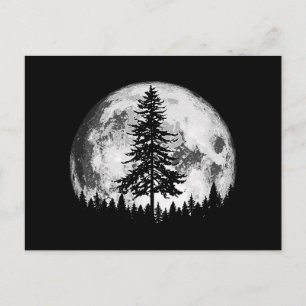 Retro Full Moon & Minimalist Pine Tree Vintage Gra Postcard