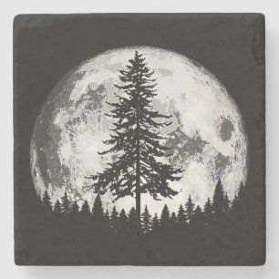 Retro Full Moon & Minimalist Pine Tree Vintage Gra Stone Coaster
