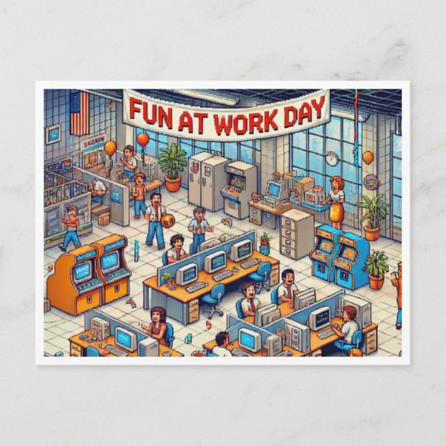 Retro Fun at Work Day Pixel Art Postcard (Front)