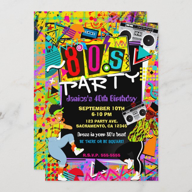 Retro Fun Bright 80's Party People Birthday Invitation (Front/Back)