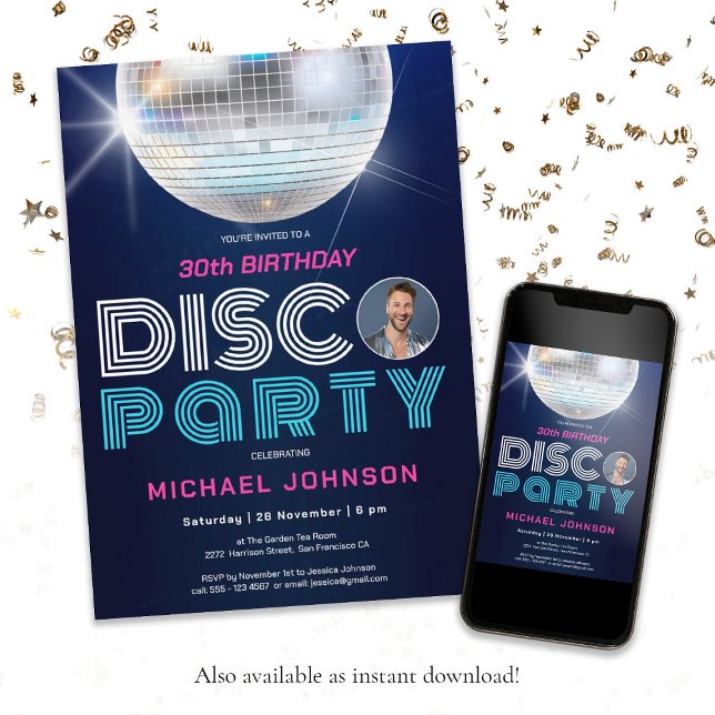 Retro Fun Custom Photo Disco 30th Birthday Party Invitation (30th Birthday Disco Party Retro Fun Custom Photo Invitation)