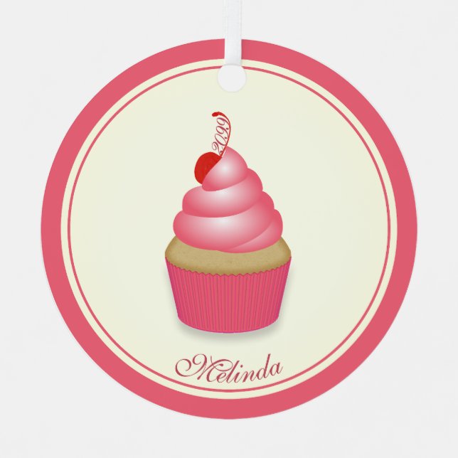 Retro Fun Pink Cupcake w Name Date Metal Tree Decoration (Front)