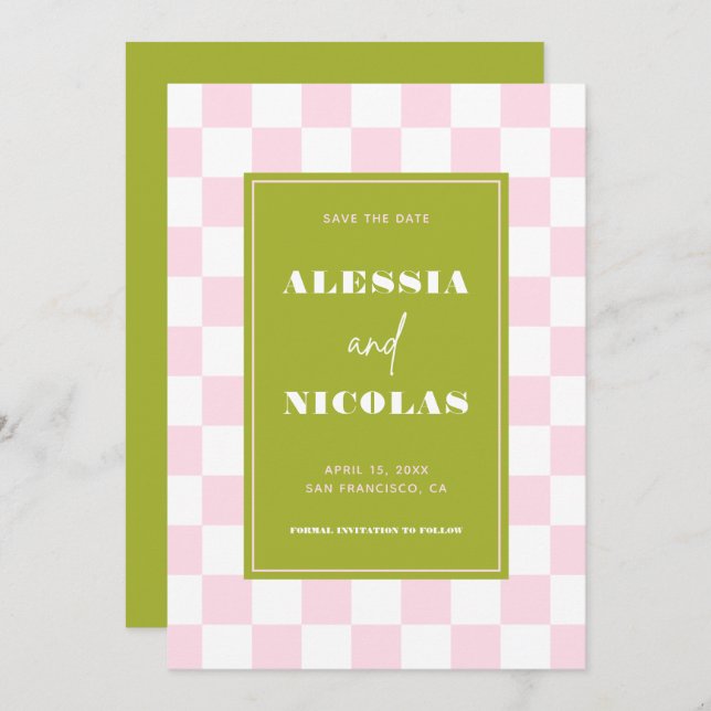 Retro Fun Pink & Green Checkerboard Check Wedding Save The Date (Front/Back)
