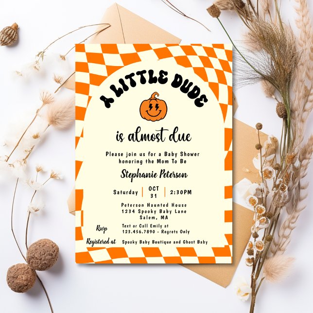 Retro Fun Wavy Chequered A Little Dude Baby Shower Invitation (Creator Uploaded)