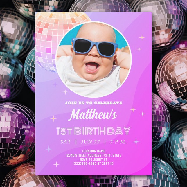 Retro Funky 80s 90s Disco First Birthday Photo Invitation (Creator Uploaded)