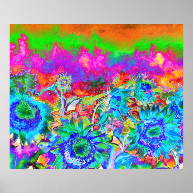 Retro funky Blue flowers Sunflowers Poster (Front)