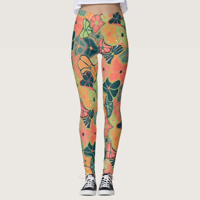 Retro Funky Colourful Flower Pattern Leggings (Front)