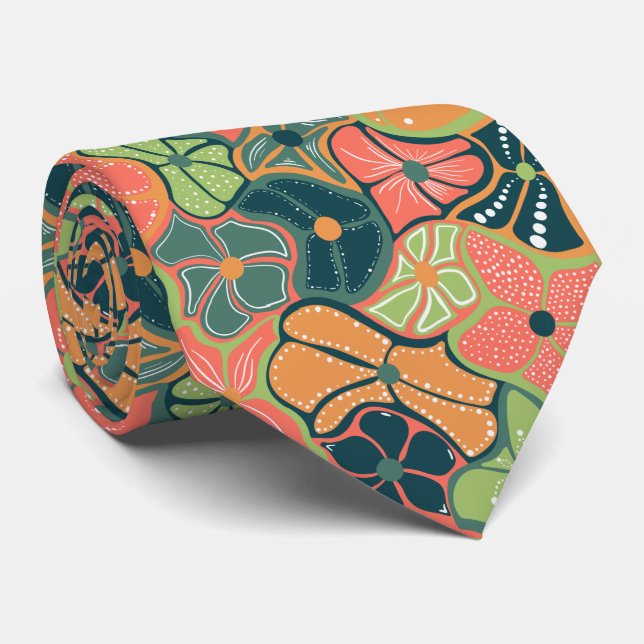 Retro Funky Colourful Flower Pattern Tie (Rolled)