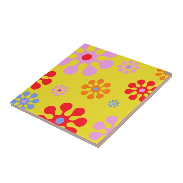 Retro Funky Flower Pattern Yellow Trivet (Side)