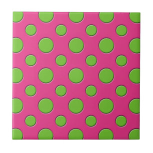 Retro Funky Green Polka Dots Pink Background Tile