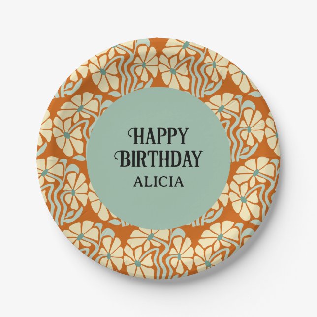 Retro Funky Groovy Boho Botanical Birthday Paper Plate (Front)
