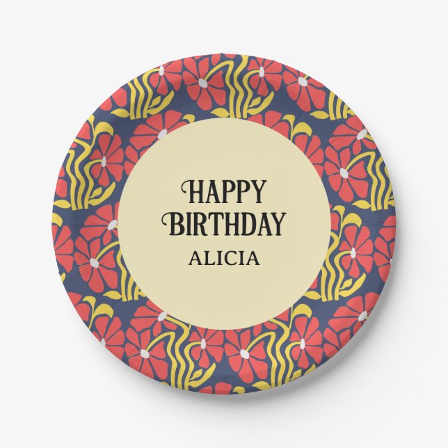 Retro Funky Groovy Trippy Daisy Floral Birthday Paper Plate (Front)