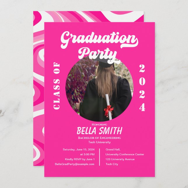Retro Funky Hot Pink Graduation Invitation (Front/Back)