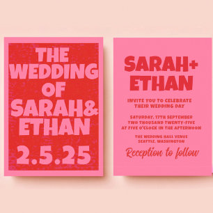Retro Funky Pink Red Wedding  Invitation