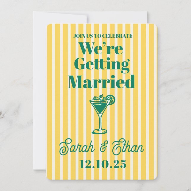 Retro Funky Striped Green Yellow Wedding Invitation (Front)