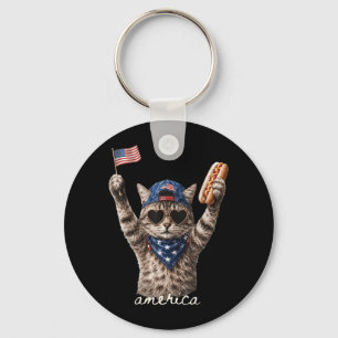 Retro Funny Aamerica Cat Hot Dog Lovers Patriotic Key Ring