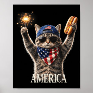 Retro Funny Aamerica Cat Hot Dog Lovers Patriotic Poster